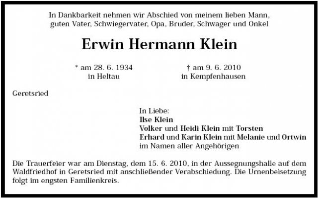 Klein Erwin Hermann 1934-2010 Todesanzeige